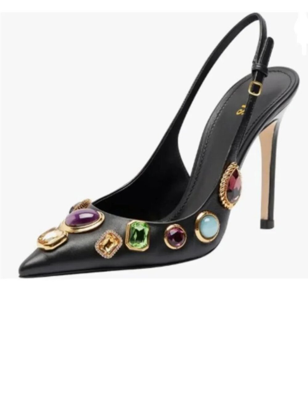 FYS Black Pointed Toe Slip on Pumps High Heel Slingbacks Rhinestone Studs Shoes